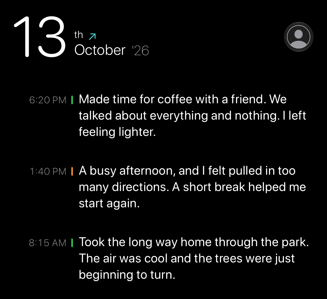 Detail of Fleu Today: three sample entries about coffee with a friend, a busy afternoon, and a walk through the park.